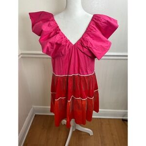 Peach Love Ruffle Sleeve Tiered Dress Pink Red Orange Fringe Detail Women Size L